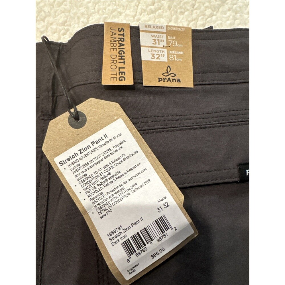 NEW Prana Zion II Pants Men's 31x32 Stretch Relaxed Fit Cargo Dark Iron Straight - Picture 2 of 7